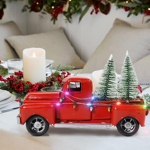 Red LED String Lights Vintage Metal Truck with Mini Christmas Trees Decorations - Picture 5 of 6